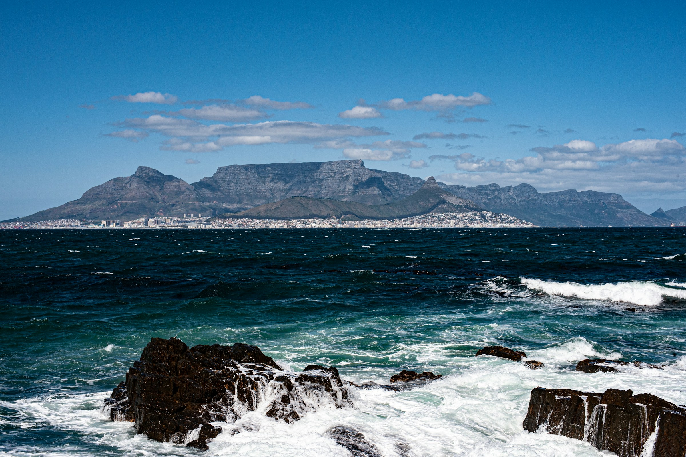 Table Mountain seen across Table Bay from the direction of Robben Island